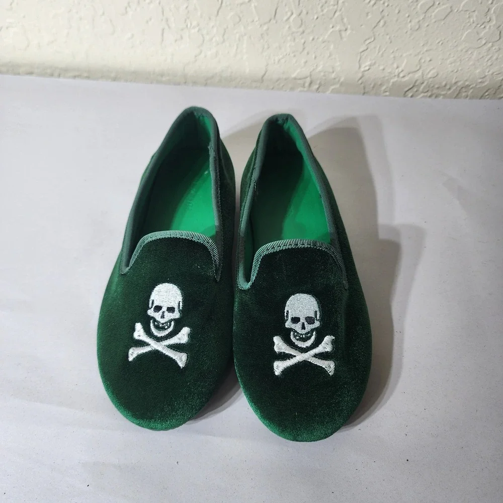 Crewcuts Kids Green Velvet Skull‎ Crossbones Smoking Loafers Flats PO58088104